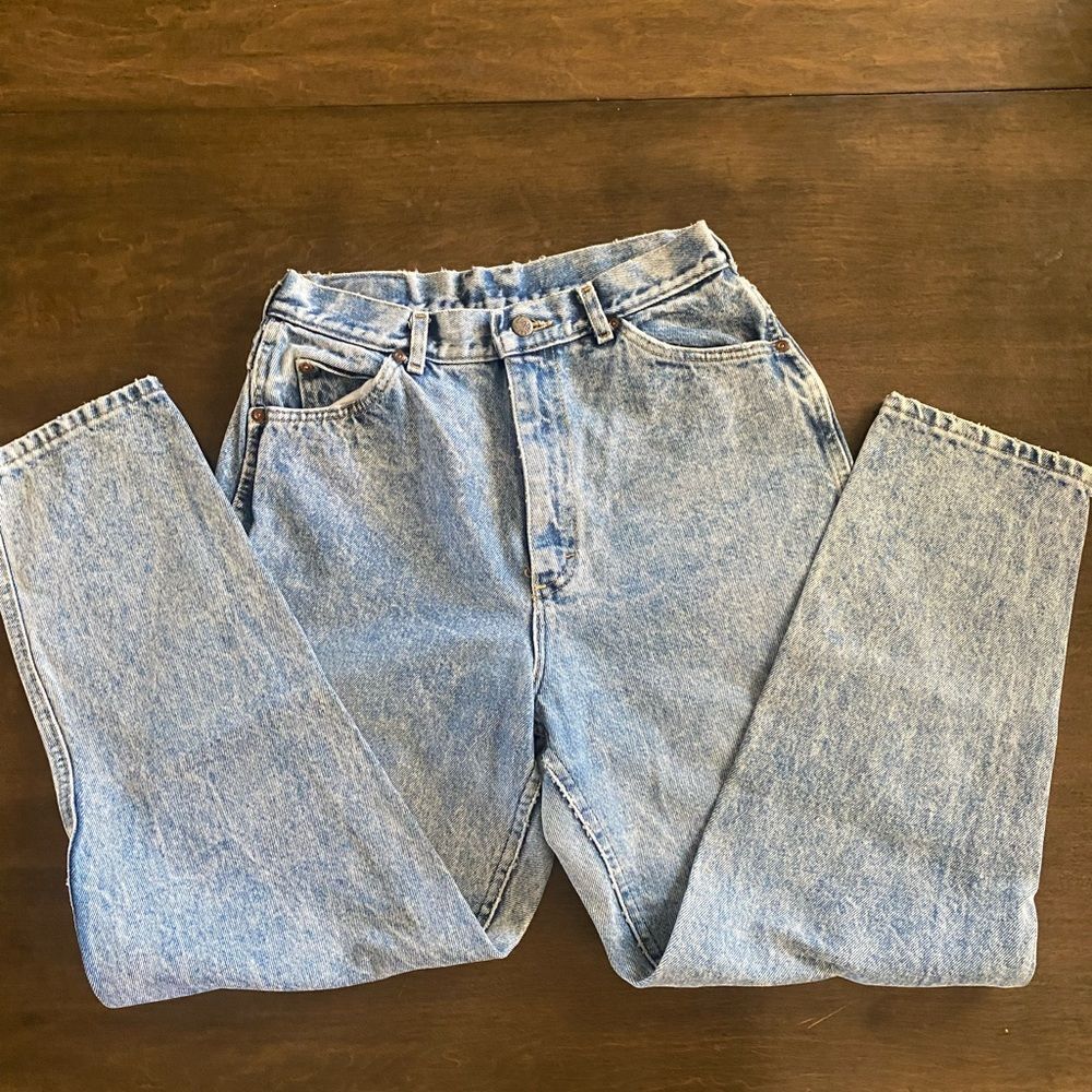 Vintage 90's Lee Denim Jeans Acid Wash Blue Made in USA High Rise Tapered Leg